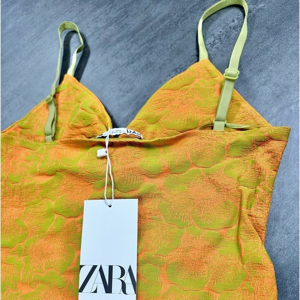 ZARA Bright Lime Green and Orange Floral Adjustable Strap Tank Top Bodysuit - Picture 5 of 6